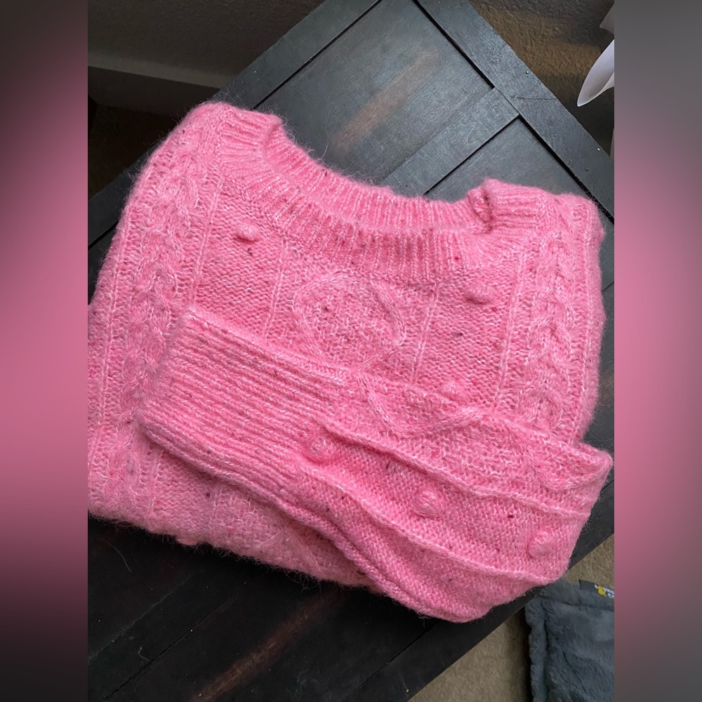 SOLD Fuzzy Pink Cable Knit Sweater
